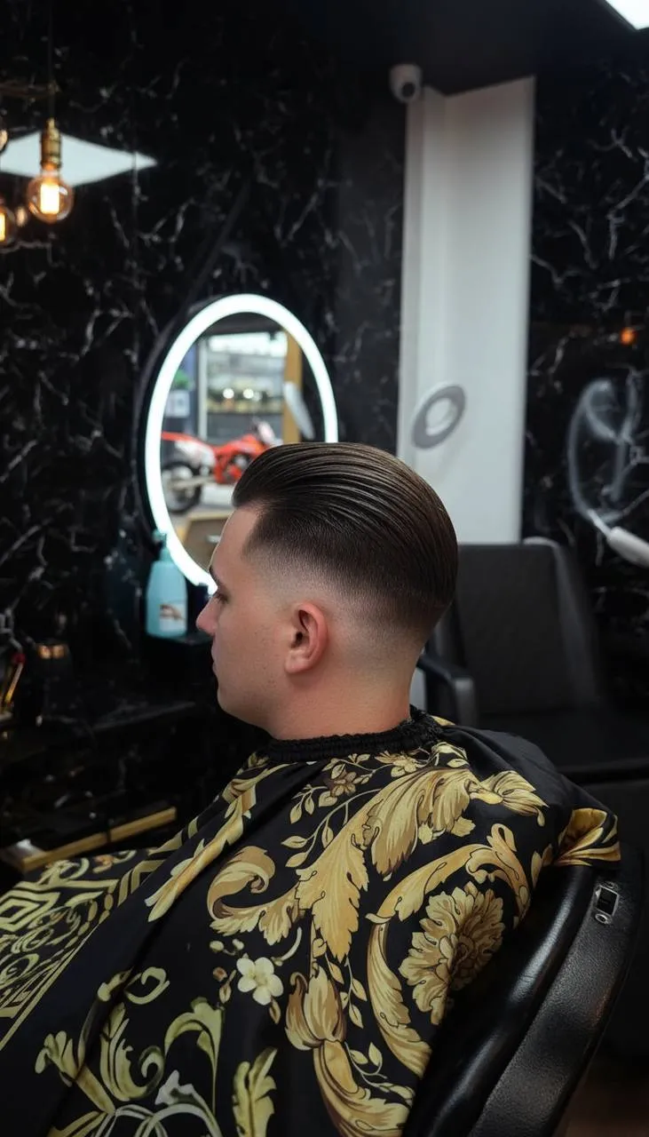 Dégradé bas net et cheveux plaqués en arrière, vue de profil