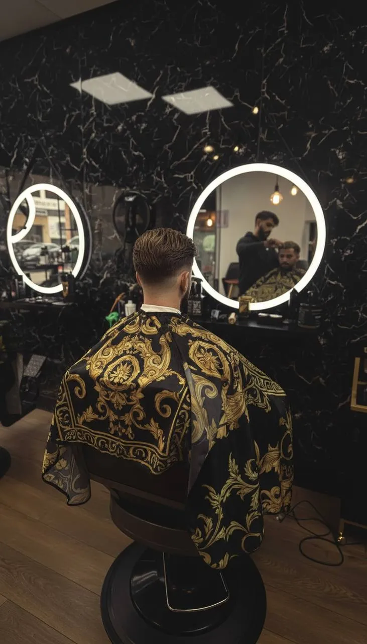 Coupe courte terminée, client face au miroir lumineux